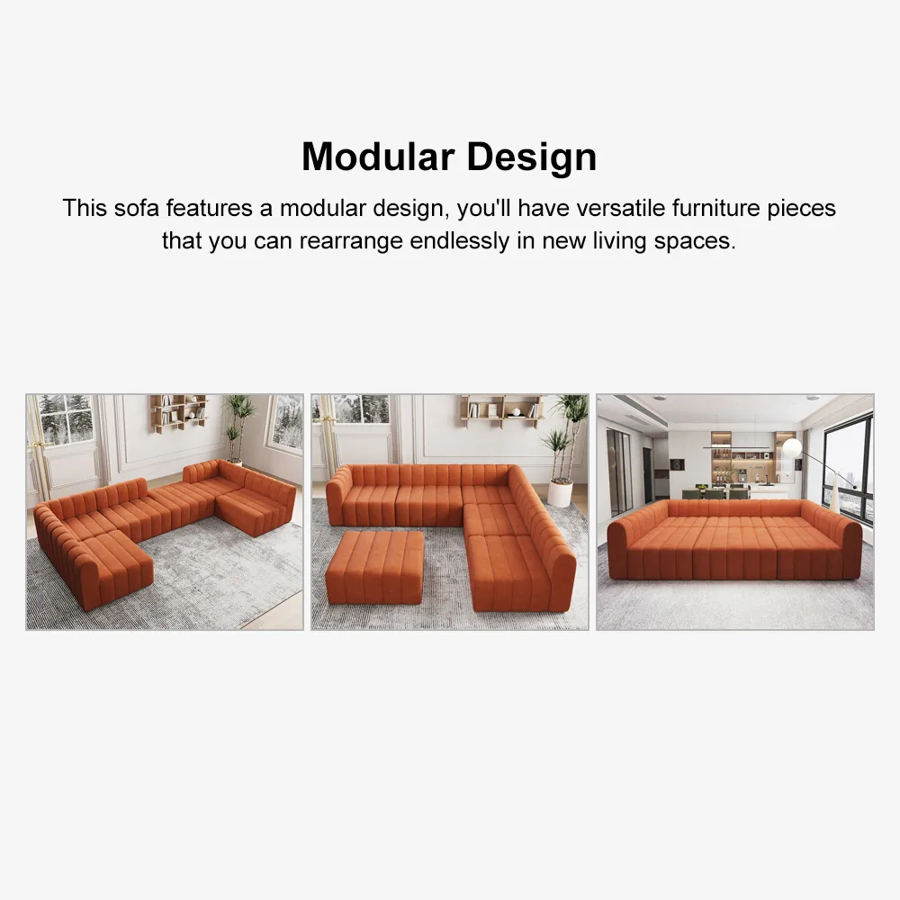 118.9" Velvet Convertible Modular Sectional Sofa Orange Upholstered 6-Seater Sofa Set — image 18