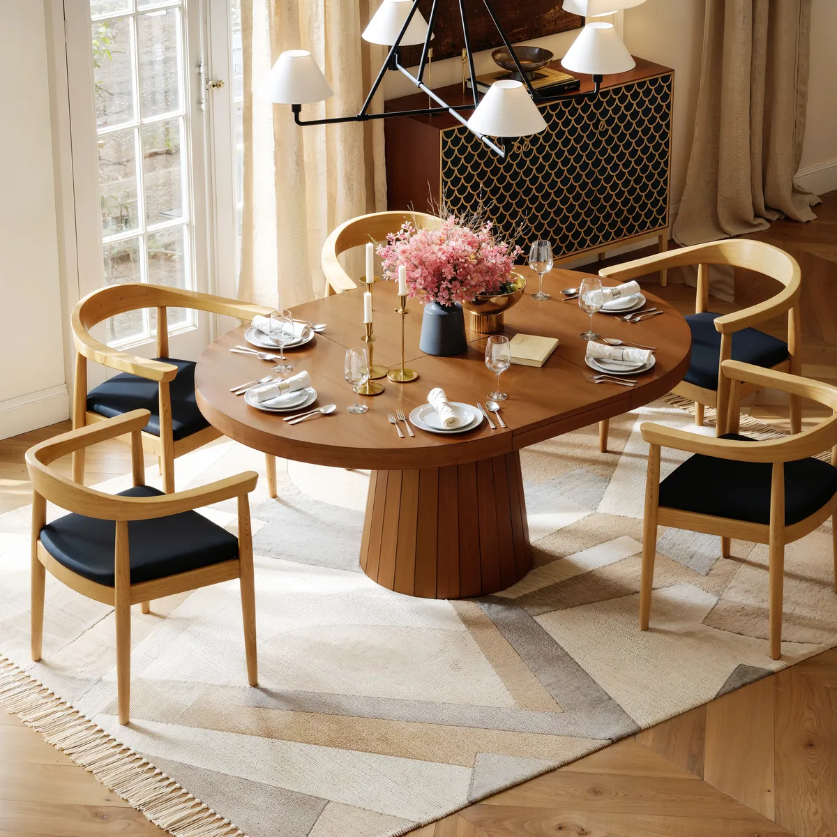Japandi 39"-55" Extendable Dining Table for 6 White Oval&Round Table Pedestal