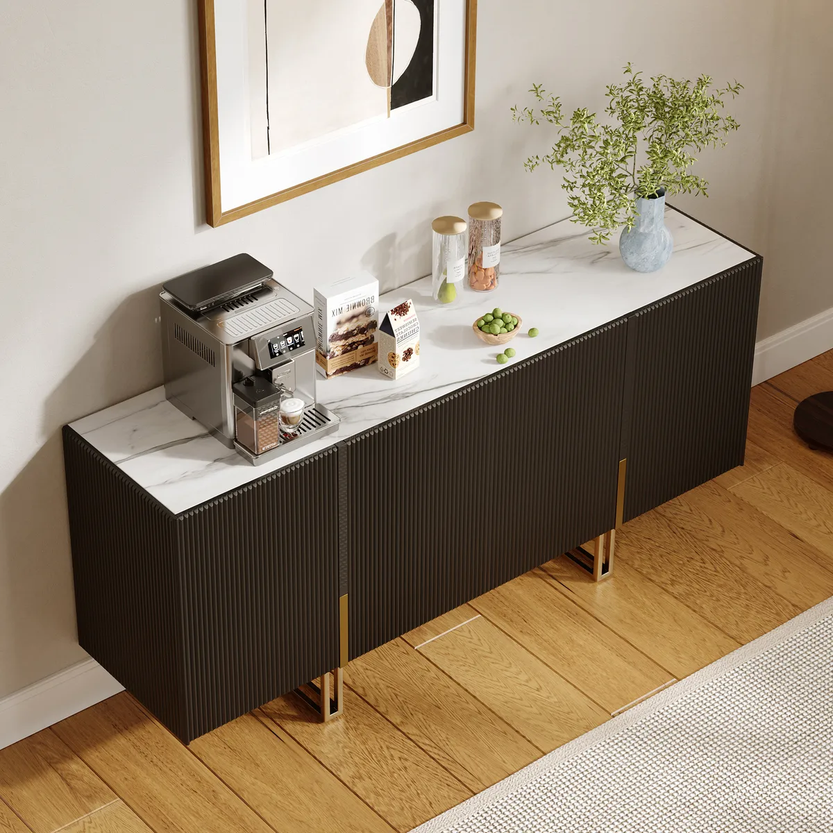 Grovyn 63" Buffet Sideboard Sintered Stone Top Black Fluted with Adjustable Shelves — image 12