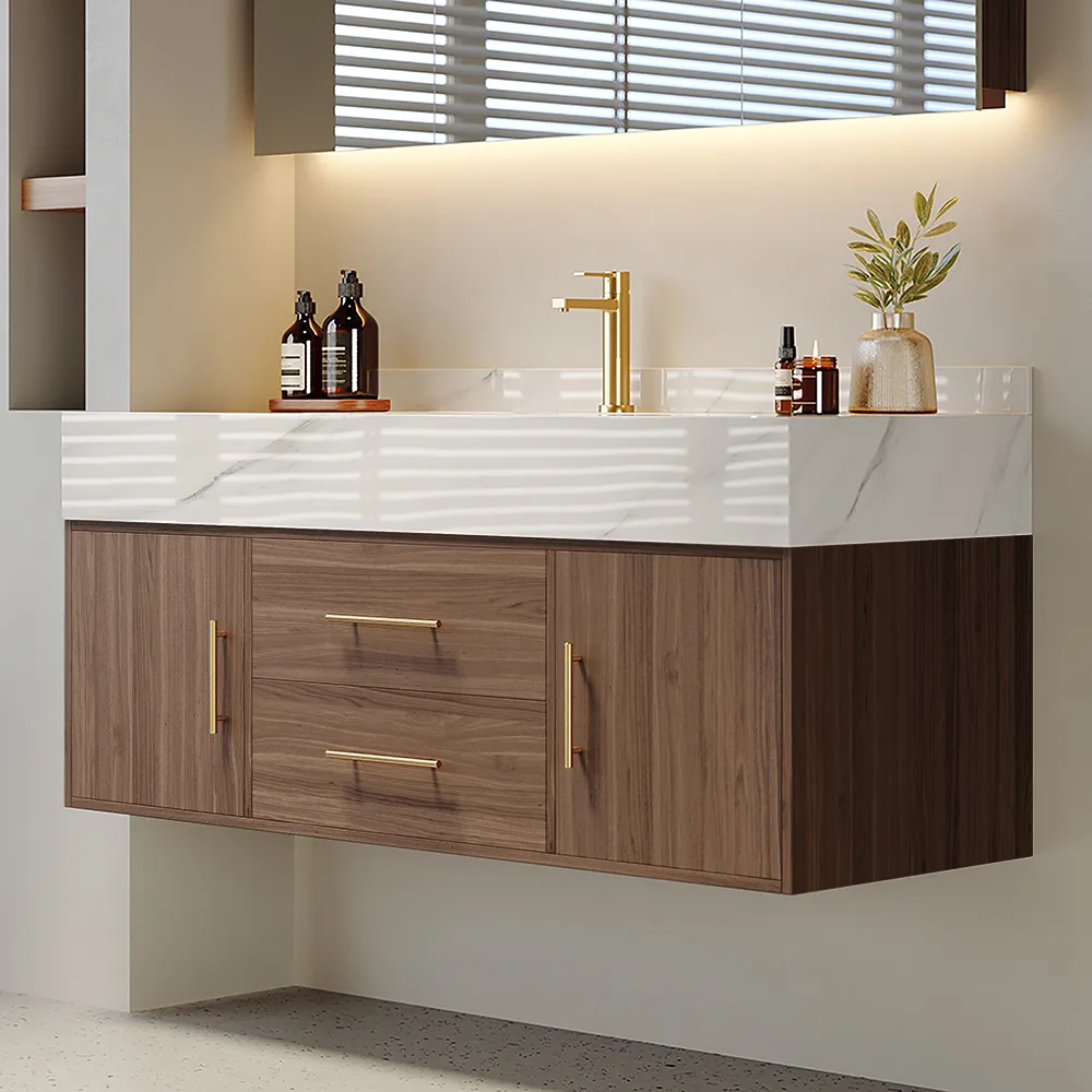 59" Double Sink Bathroom Vanity with Gold Handles – Walnut Modern Floating Vanity — image 3
