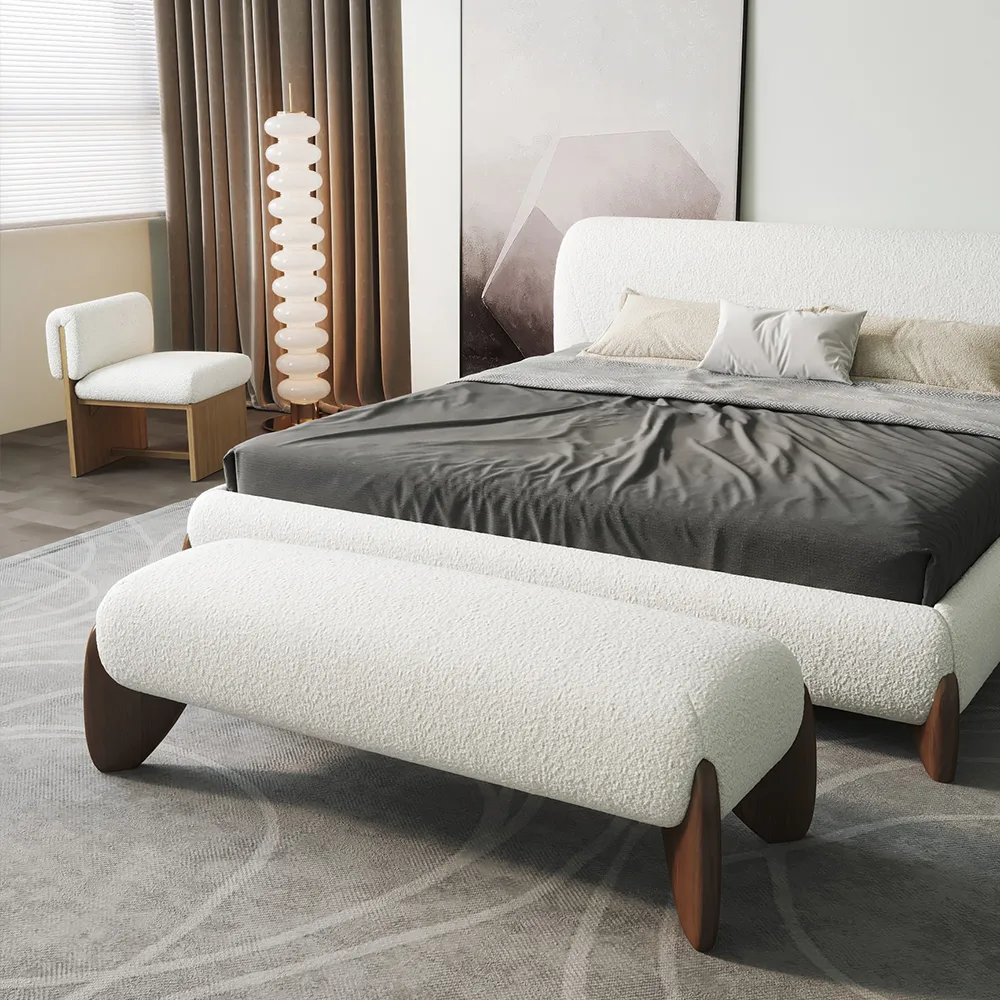 Modern White Boucle Bedroom Bench Upholstered Long Bench with Wood Legs — image 2