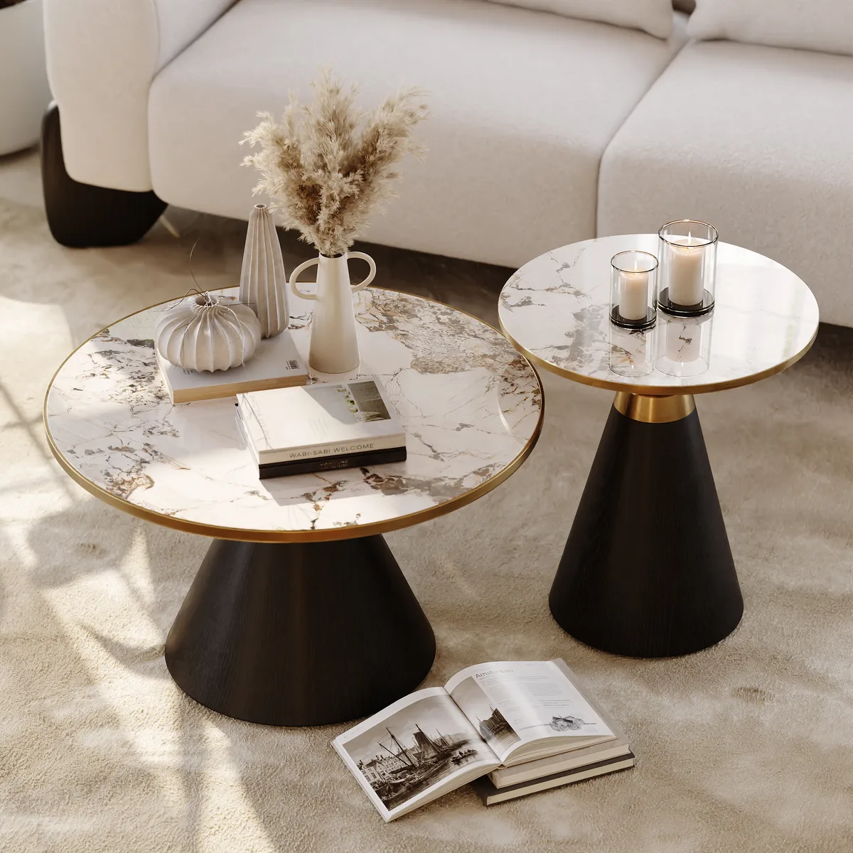 Sintered Stone Round Coffee Table Modern Black Living Room Furniture — image 3