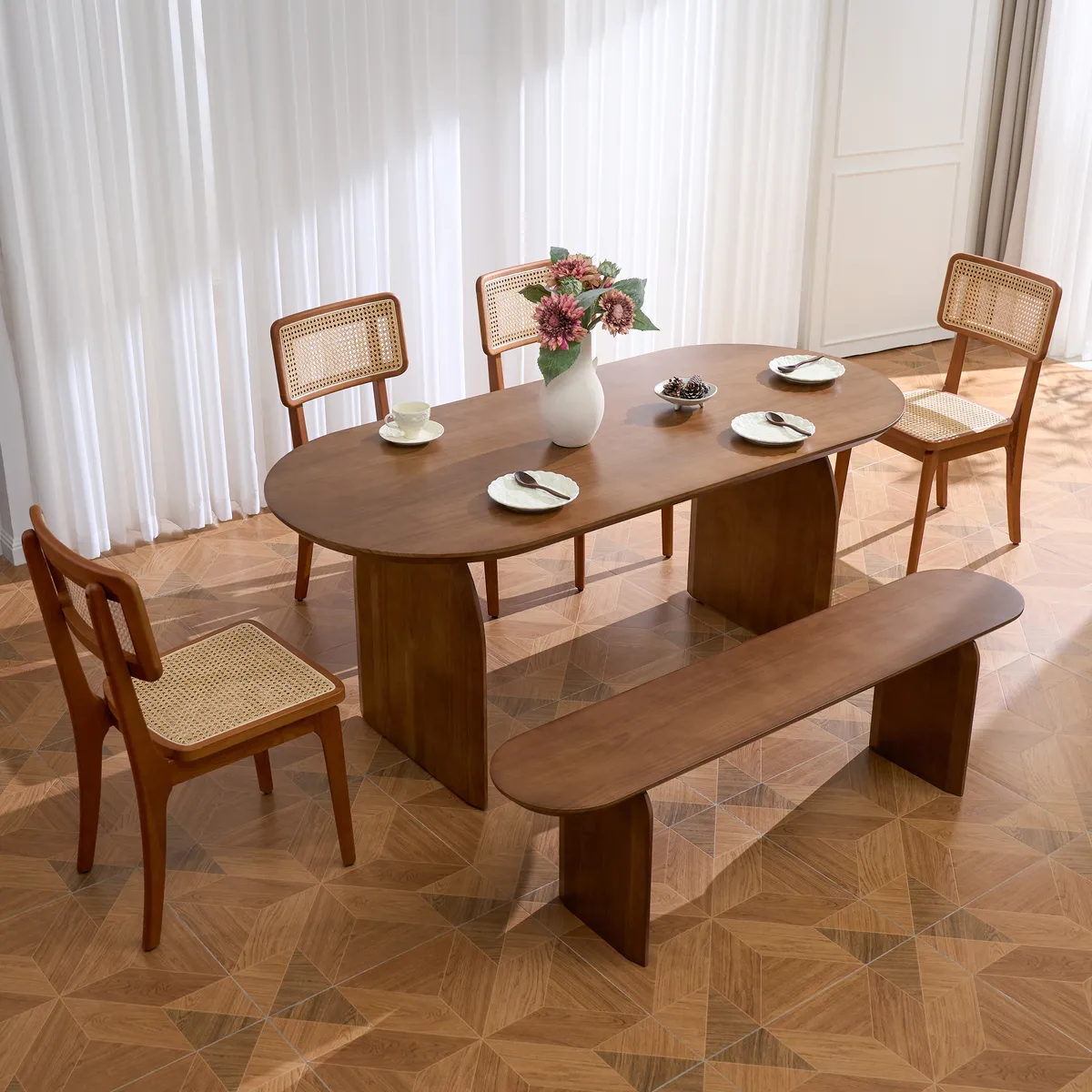 70.9" Oval Dining Table Solid Wood for 6 People Japandi Walnut Pine Wood Dininer Table for Dining Room, Kitchen, Living Room Easy Clean