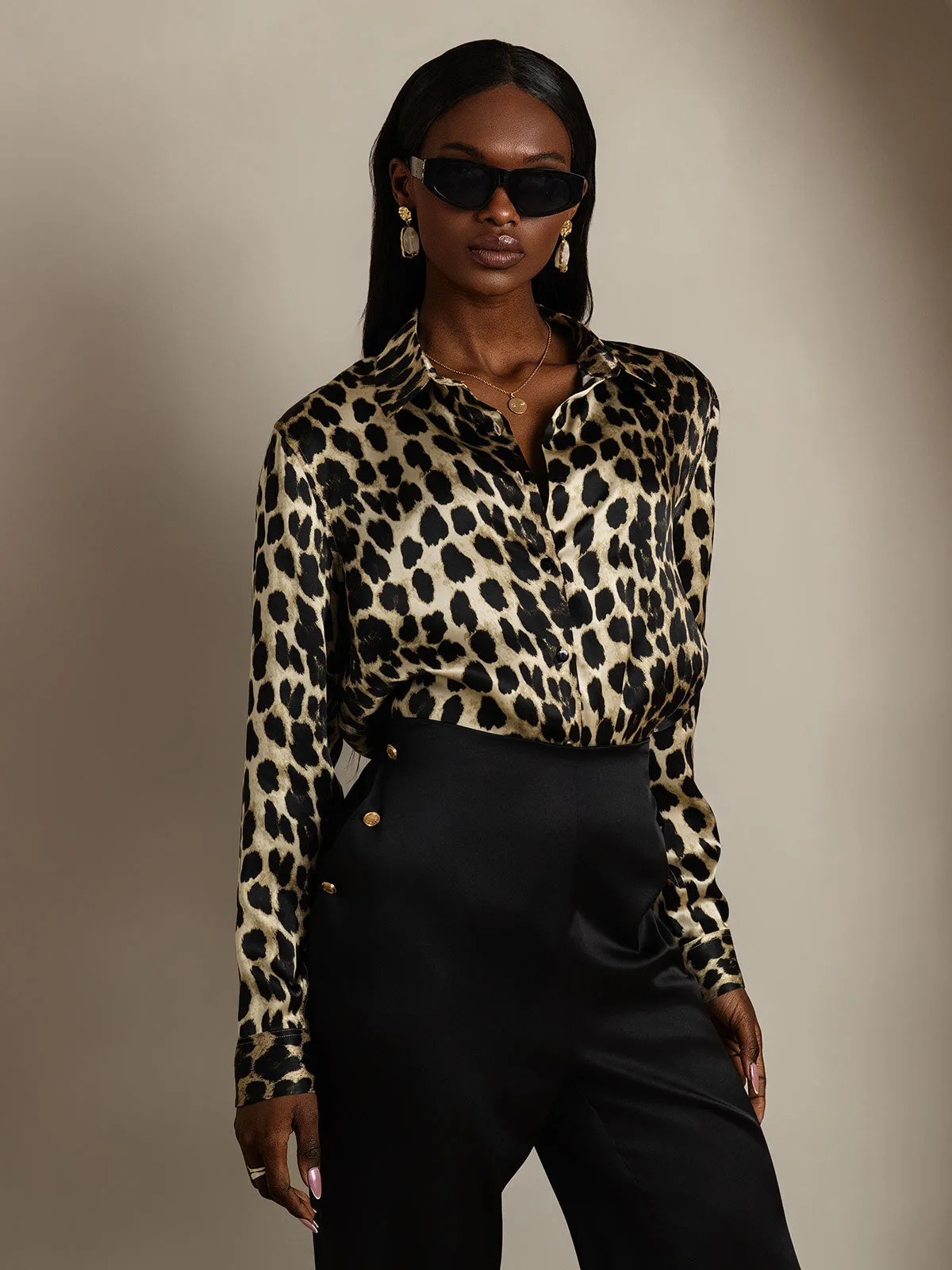 19Momme Silk Leopard Print Long Sleeve Lapel Collar Women's Shirt — image 4