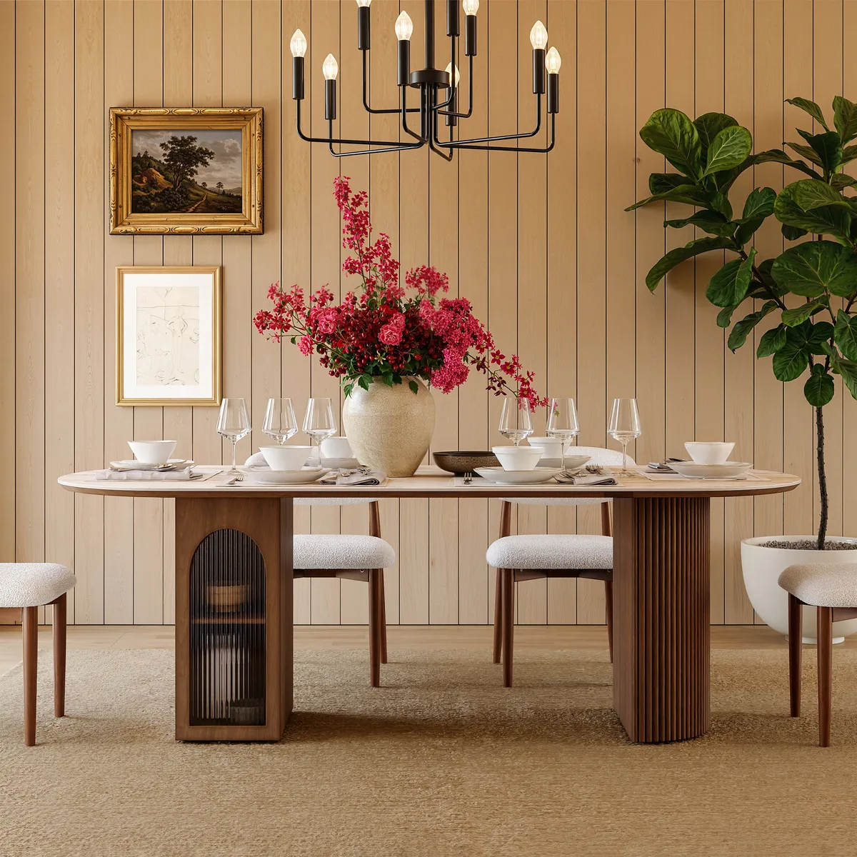 71" Faux Travertine Oval Dining Table with Fluted Base & Storage — image 3