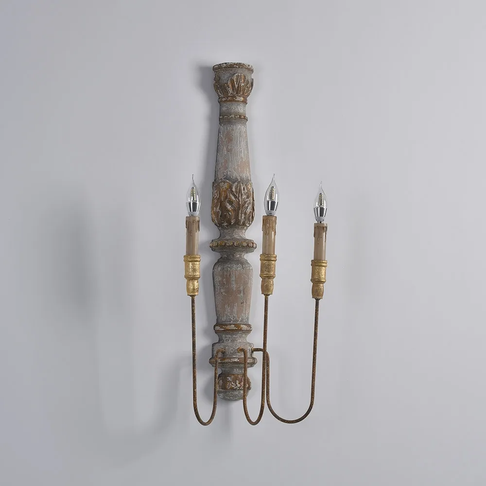 French Country 3-Light Wood Candle Wall Sconce Distressed Carved Design — image 7