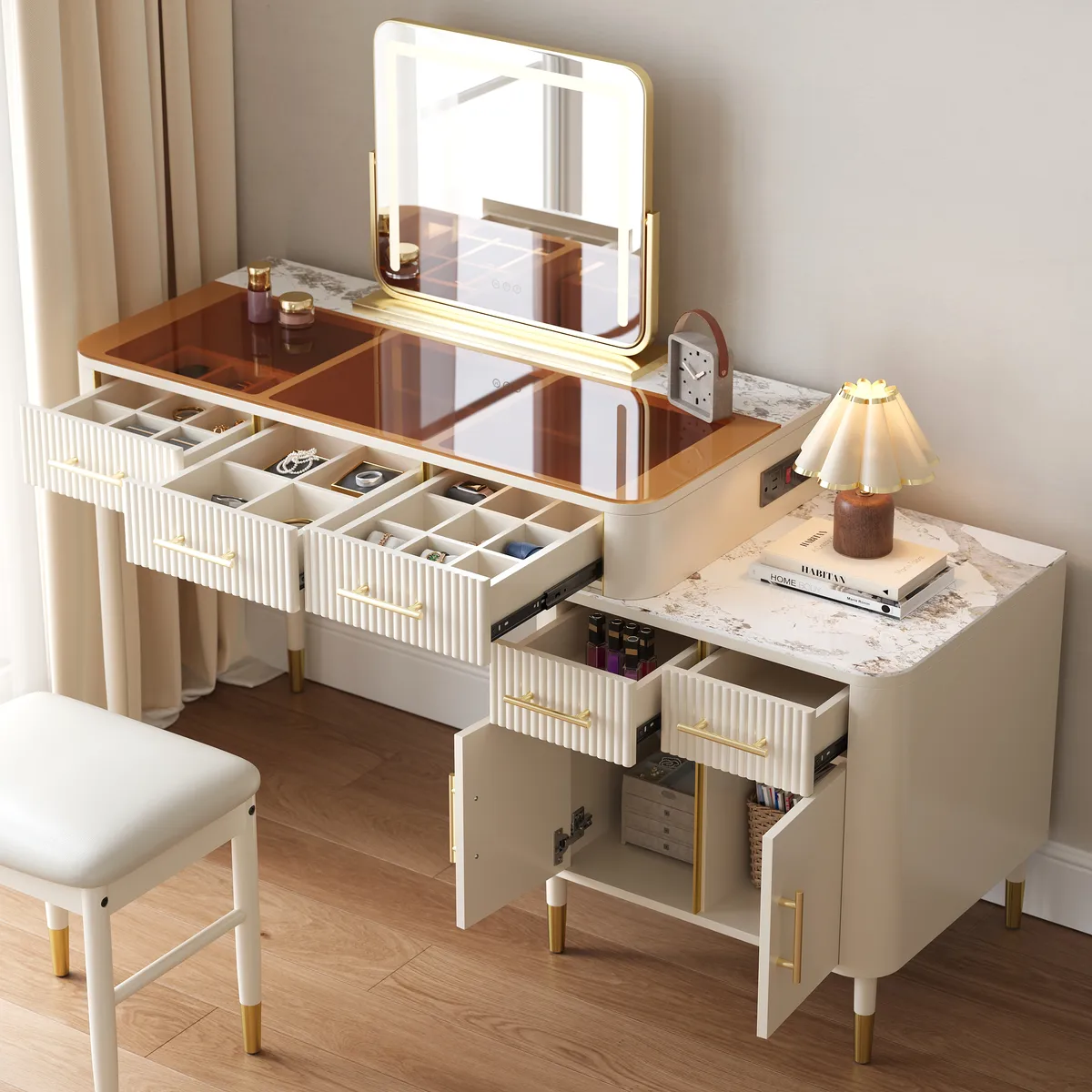 White Makeup Vanity Set with Lighted Mirror & Stool Mid Century Modern Dressing Table with Glass Top — image 12