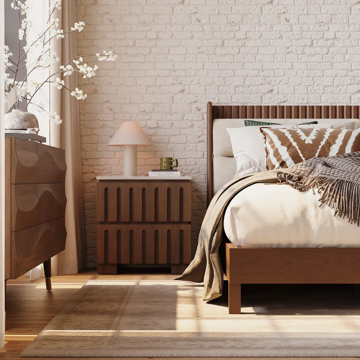 Modern Solid Wood King Upholstered Bed & 2 Drawer Ash Wood Nightstand Set with with Faux Travertine Top — image 8