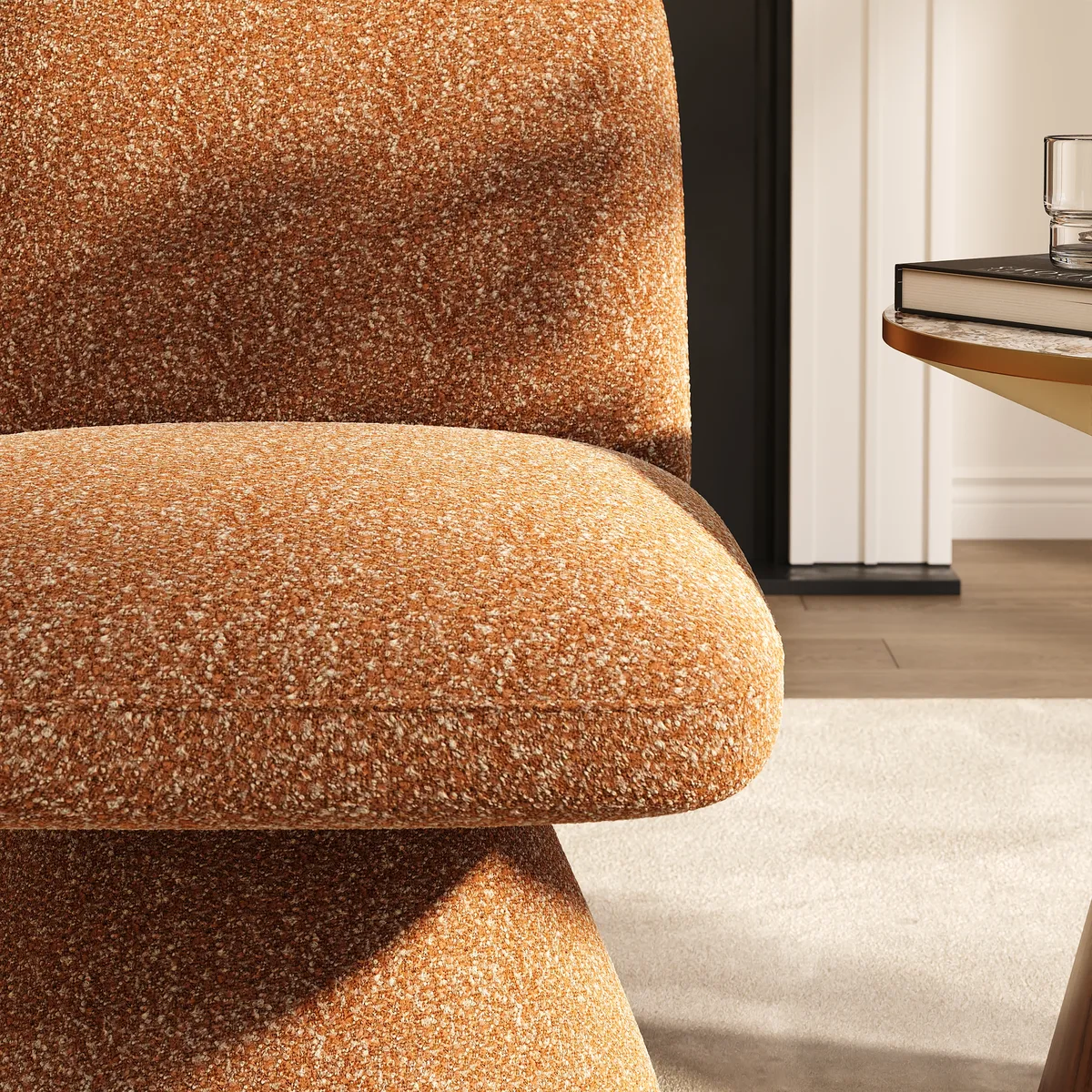 18" Modern Orange Boucle Swivel Accent Chair Sculptural L-Shaped Slipper Lounge Chair — image 16