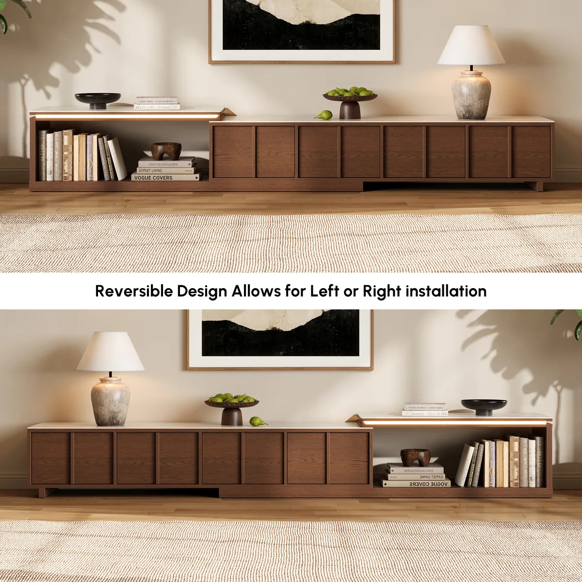 71"-108" Extendable Walnut TV Stand with Sintered Stone Top & Cabinets — image 7
