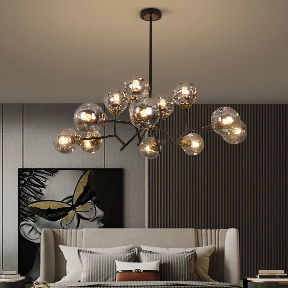 Modern Linear 12-Light Kitchen Island Light Black Chandelier with Globe Glass Shade Pendant Lighting — image 5