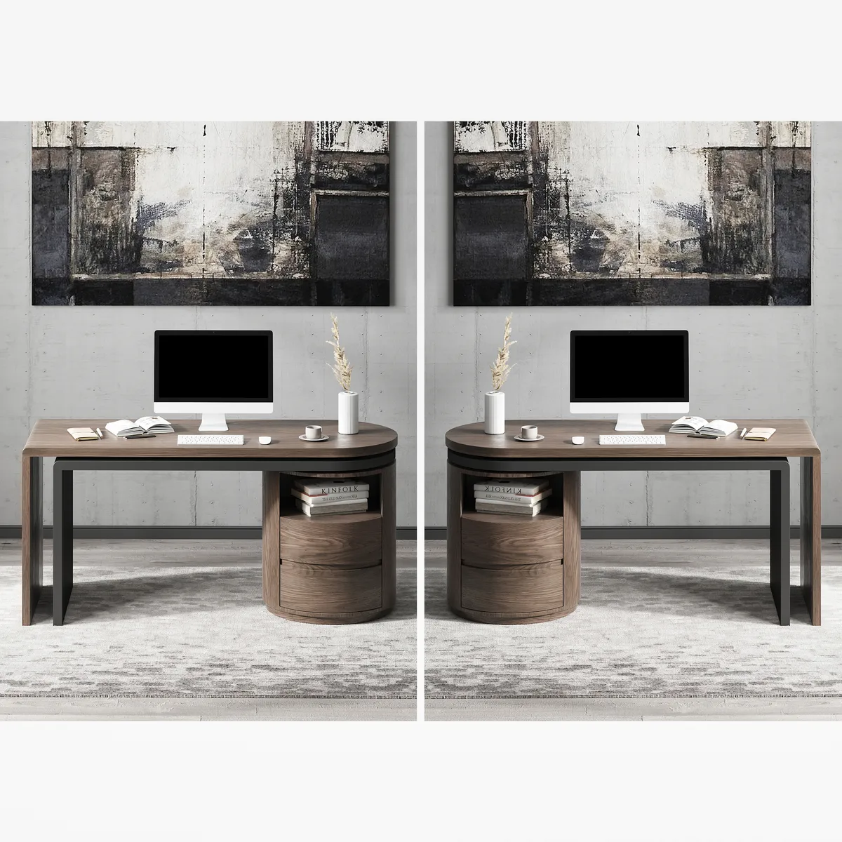 Modern Wash White L Shaped Desk & Off White Home Office Chair Set Upholstered Swivel — image 14