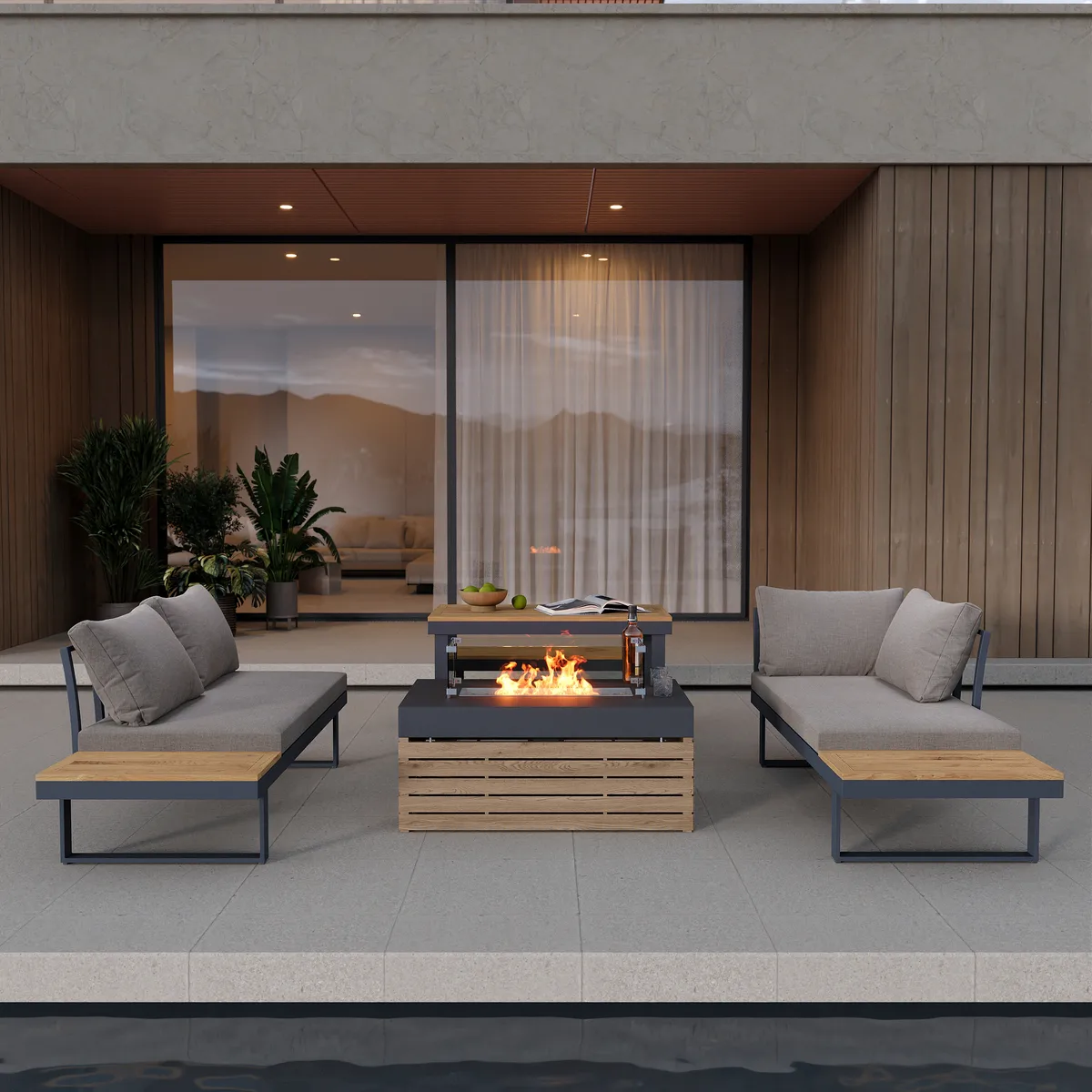 Aluminum Wood Outdoor Sectional Sofa & Propane Gas Fire Pit Table With Glass Wind Guard — image 3