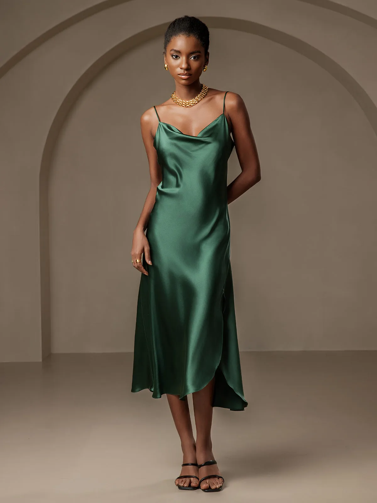 100% Mulberry Silk Spaghetti Strap Cowl Neck Bias Midi Dress with Split Design