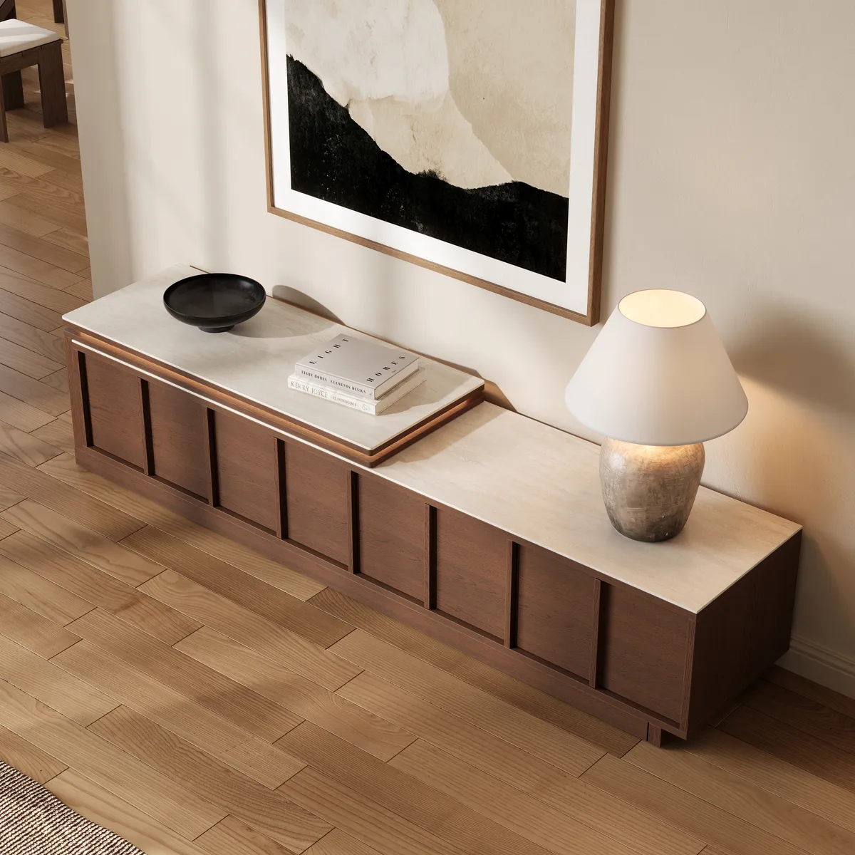 71"-108" Extendable Walnut TV Stand with Sintered Stone Top & Cabinets — image 4
