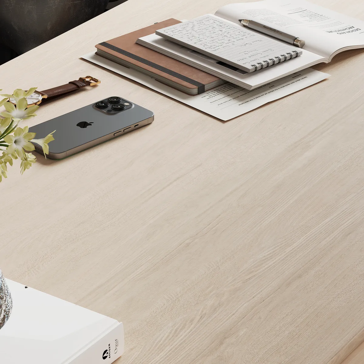 Mid-Century Style 55.1" Whitewash Ash Wood Home Office Desk with 3 Storage Drawers and Metal Accents — image 11