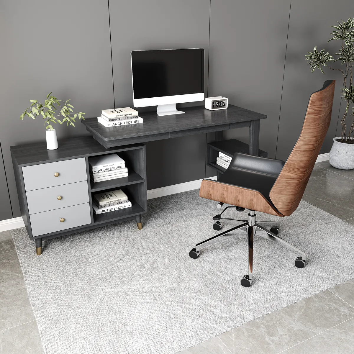 Ultic Gray Reversible L-Shaped Desk & Faux Leather Office Chair Set with Wheels — image 3
