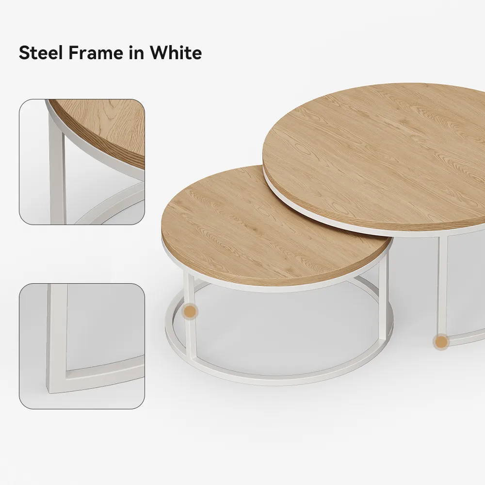 Fero Round Nesting Coffee Table Set of 2, Light Oak Top & White Metal Frame, Modern Scandinavian Style, for Living Spaces, (800mm-600mm) — image 7