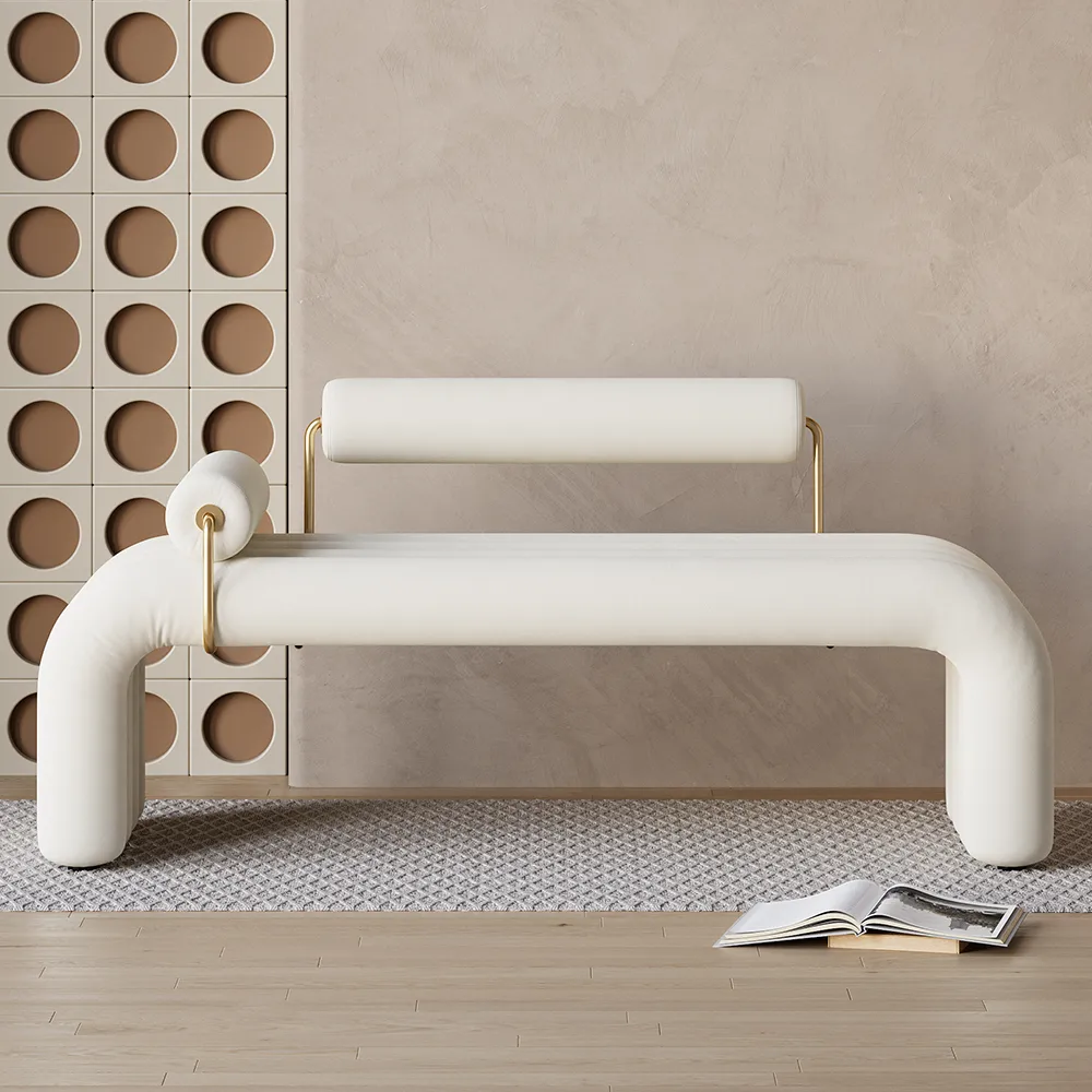 Modern White Line Tufted Bench Velvet Upholstered Entryway Bench in Gold Finish — image 3