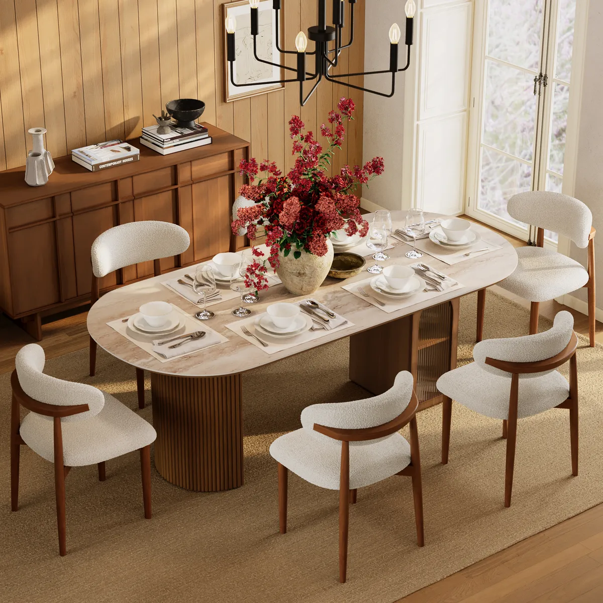 Dining Set 71" Faux Travertine Oval Dining Table with 6 Chairs