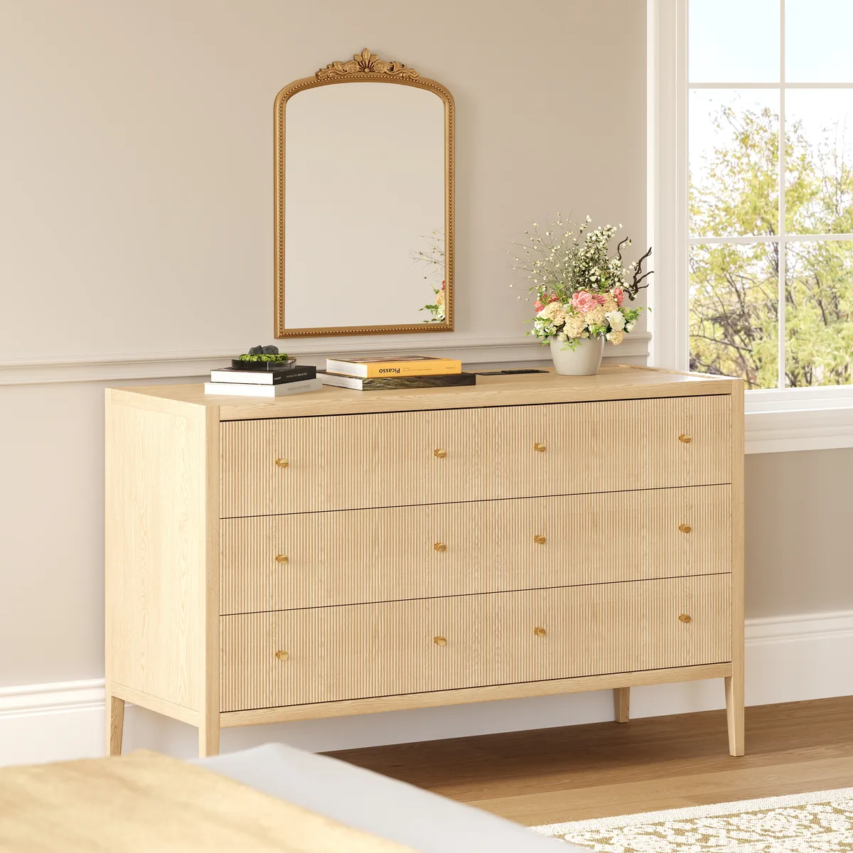 47" Fluted Natural 6-Drawer Dresser with Charging Station — image 2