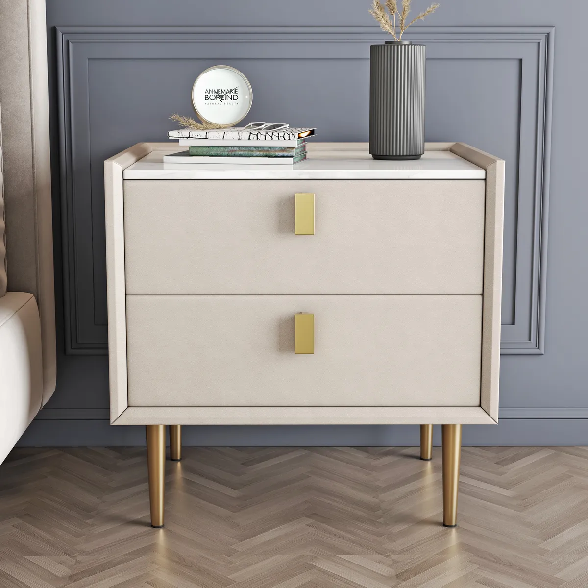 Modern 2 Drawers PU Leather Bedside Table Nightstand with Gold Metal Legs — image 3