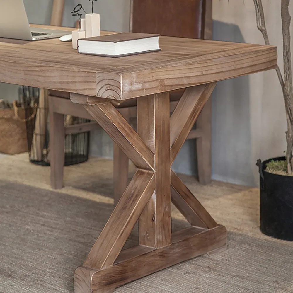 Vintage Style Pine wood Office Writing Desk with Trestle Leg in Natural Farmhouse Home Office Furniture Rectangular — image 10