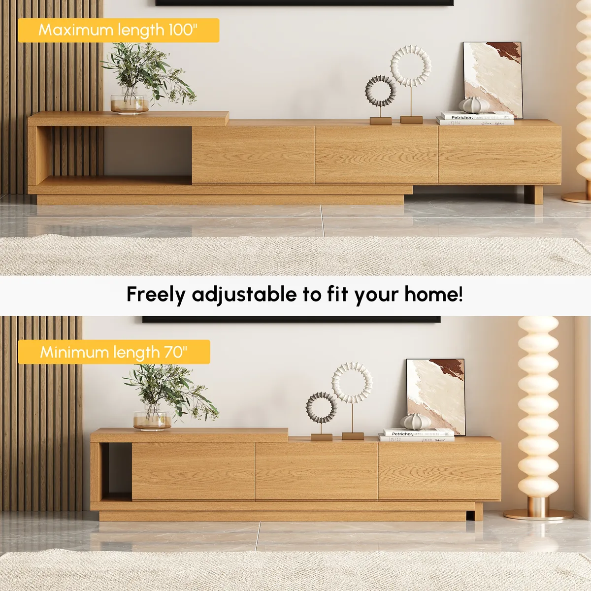 Quoint 100.4" Modern TV Stand Retracted & Extendable 3-Drawer Light Media Console — image 8