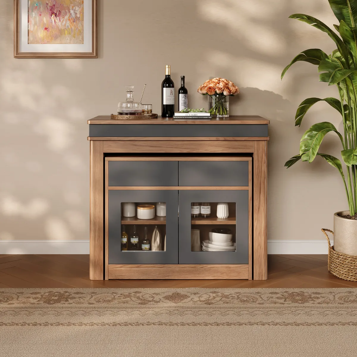70.9" Rectangle Extendable Dining Table with Storage Sideboard for 4 Farmhouse Walnut & Gray Expandable Table — image 7