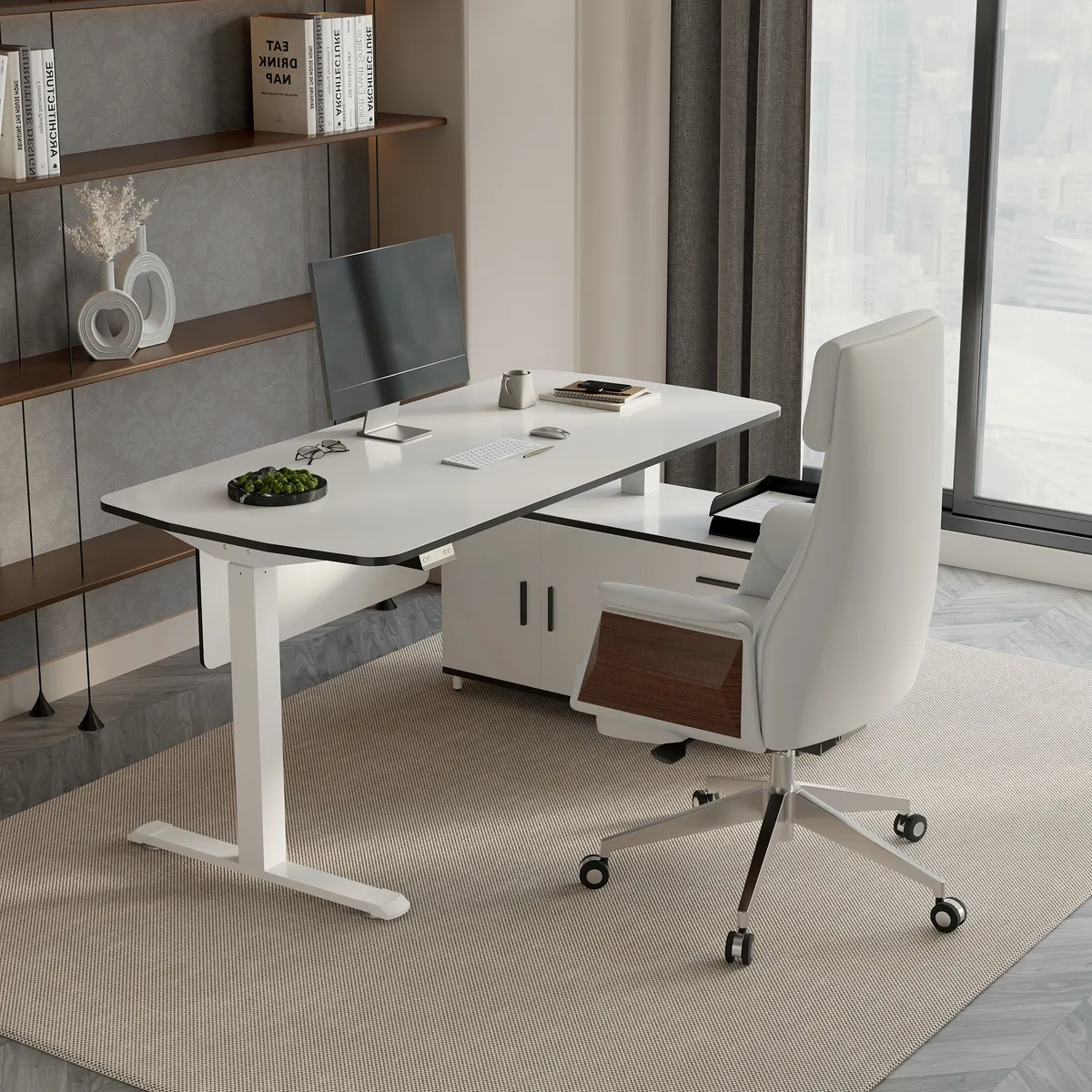 L Shaped Executive Office Desk Standing Desktop with 3 Doors & Drawer White Office Furniture Left Hand(63") & Office Chair Set — image 5