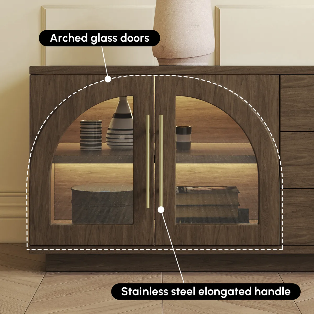 Arune 72" Arched Glass Doors Smoked Brown TV Stand with Storage and LED — image 9