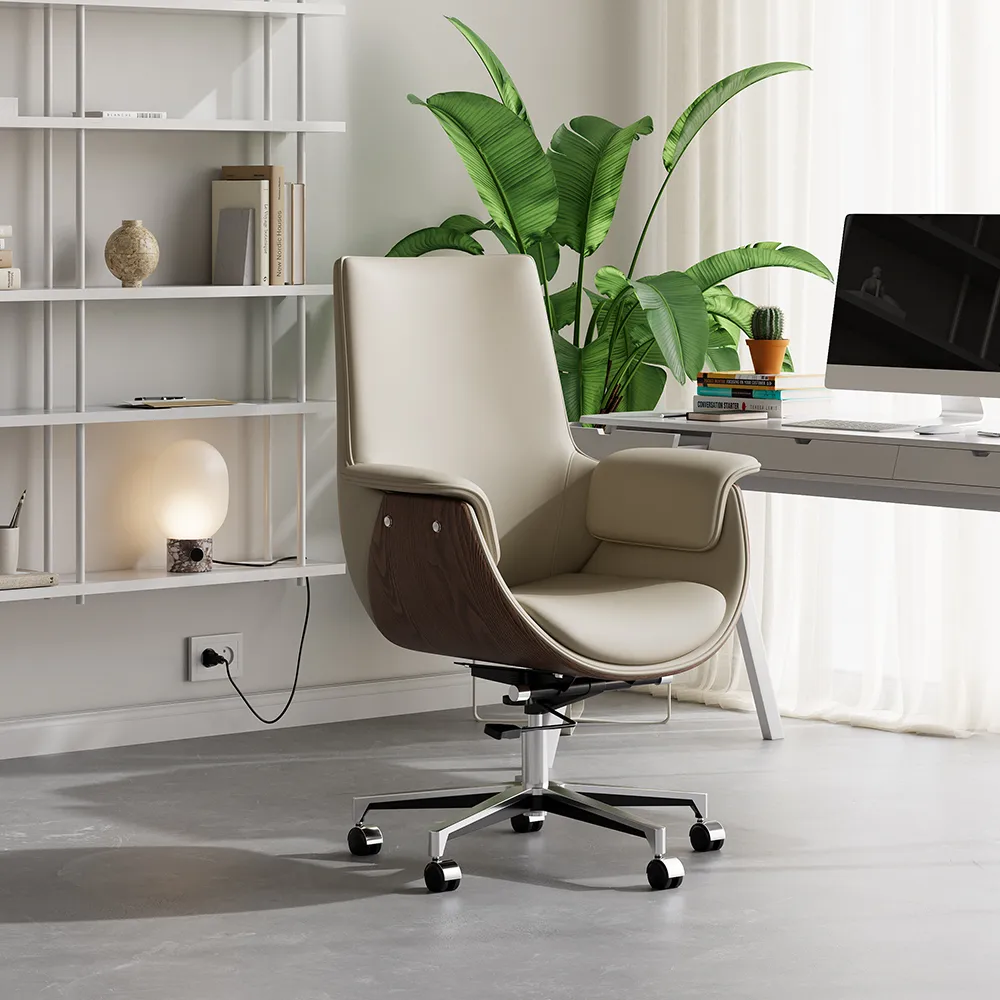 Black Leather Modern Home Office Chair Upholstered High Back Desk Chair Wood Grain Frame — image 27