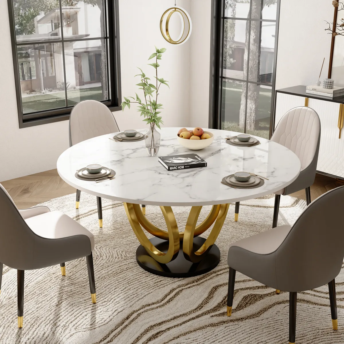 53.1" Round Dining Table Faux Marble Top Gold & Black Pedestal for 6 Person Modern — image 3