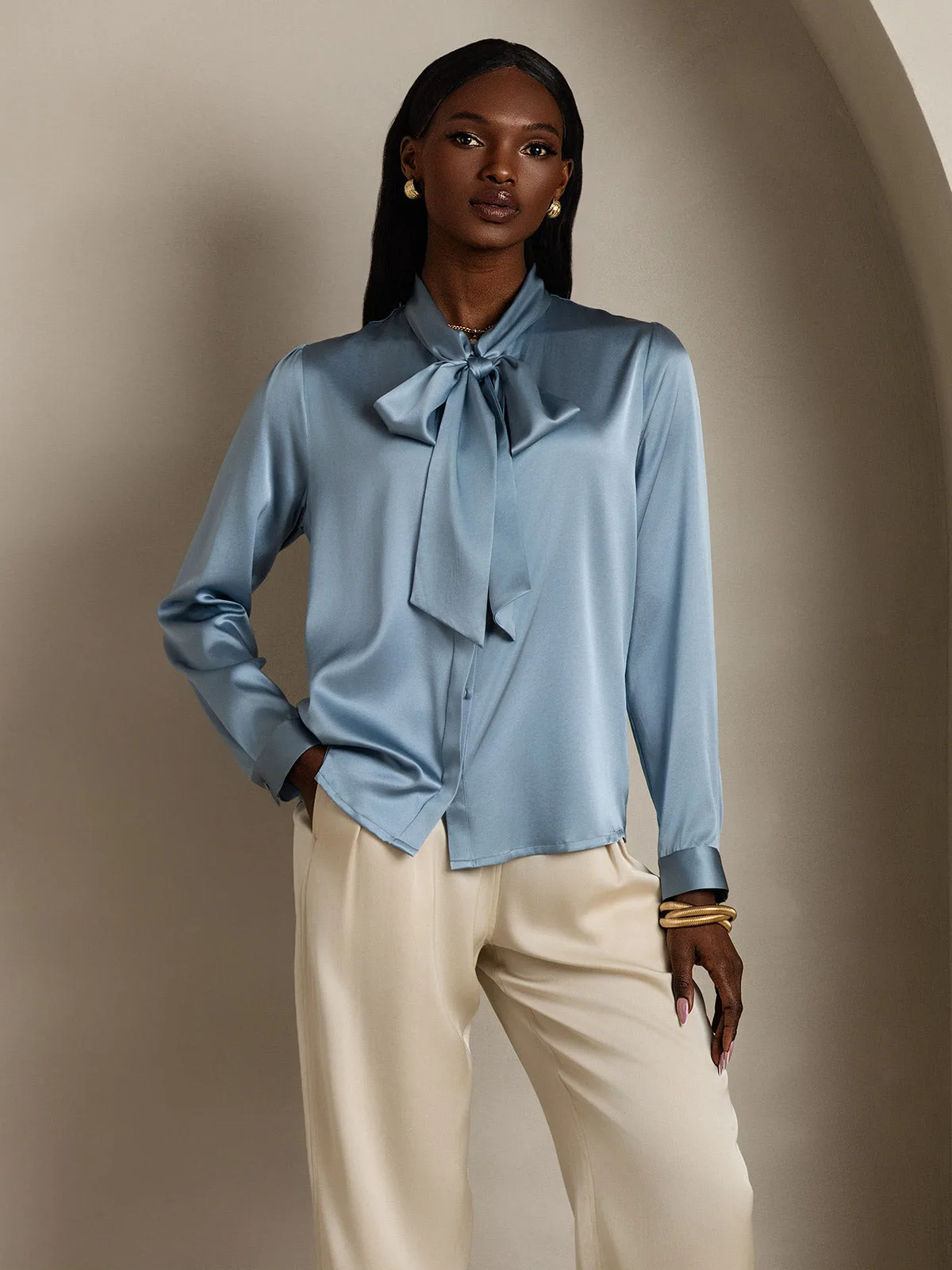 19Momme Silk Long Sleeve Tie Neck Elegant Blouse — image 5