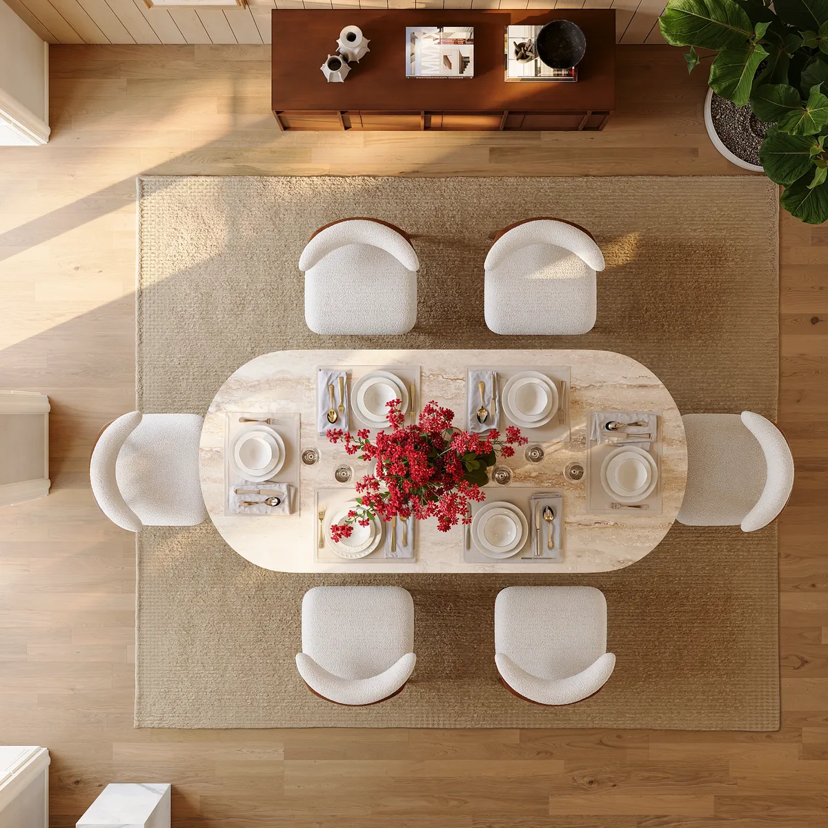 71" Faux Travertine Oval Dining Table with Fluted Base & Storage — image 4
