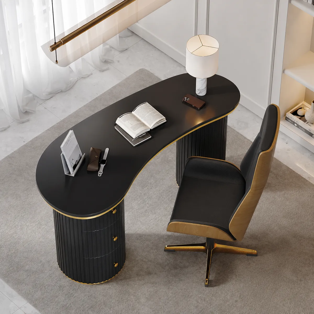 Matte Black Curved Wooden Office Desk & Adjustable Swivel Executive Chair — image 2