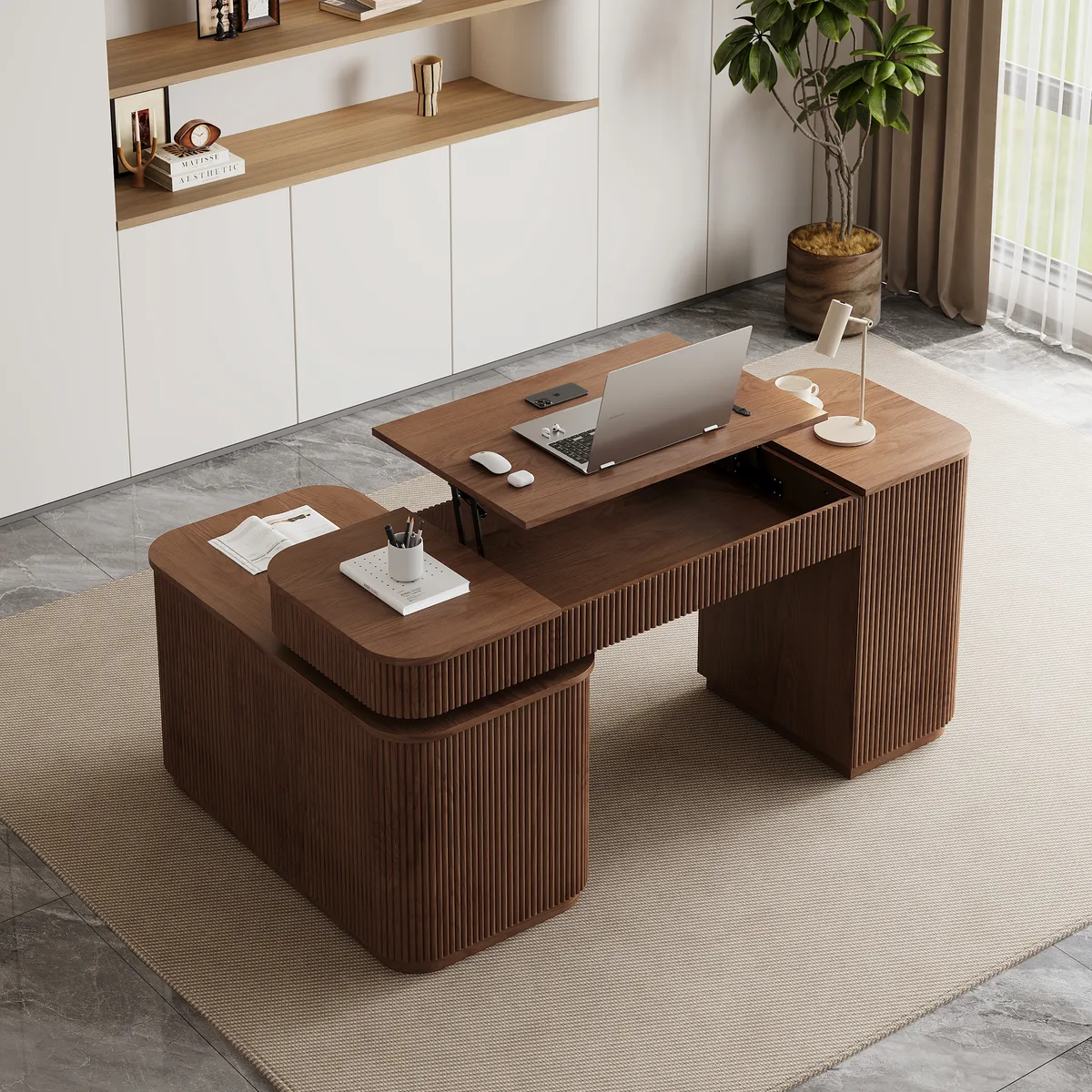Modern 65" L-Shape Natural Executive Desk with Right-Side Cabinet — image 21