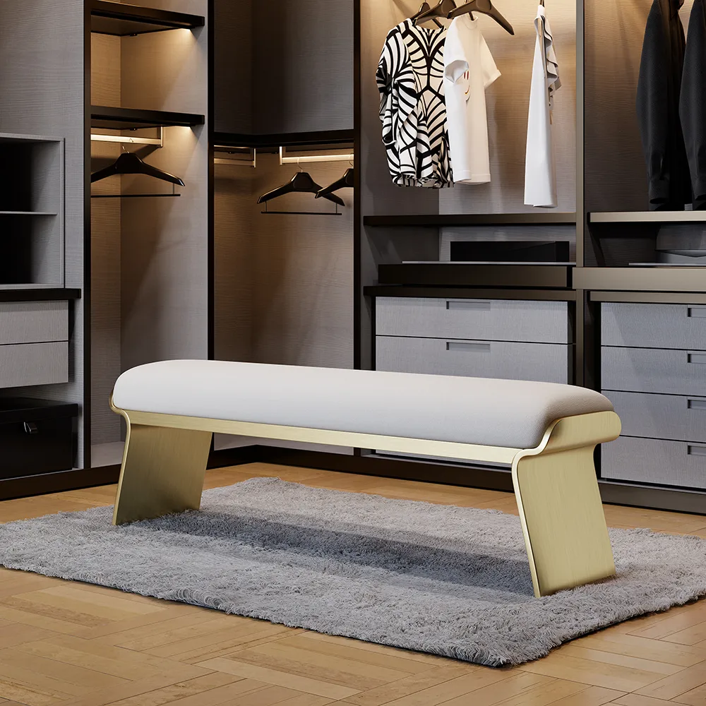 Beige Modern Stainless Steel Bench Leath-Aire Upholstered Bedroom — image 11