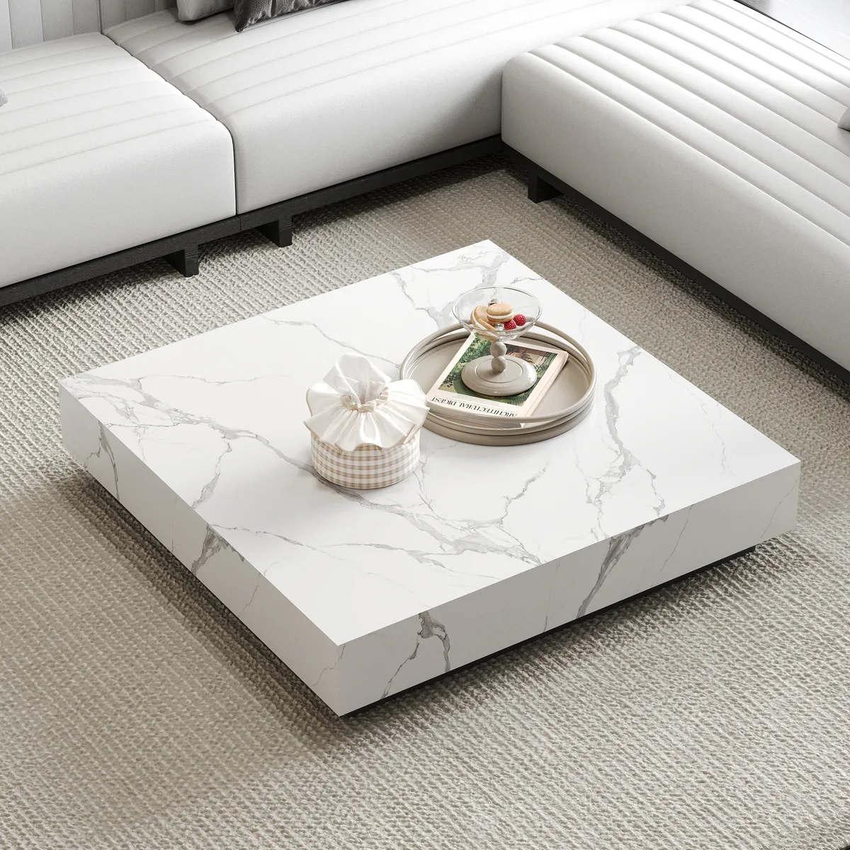 39" Square Sintered Stone Block Coffee Table With Wood Base — image 3
