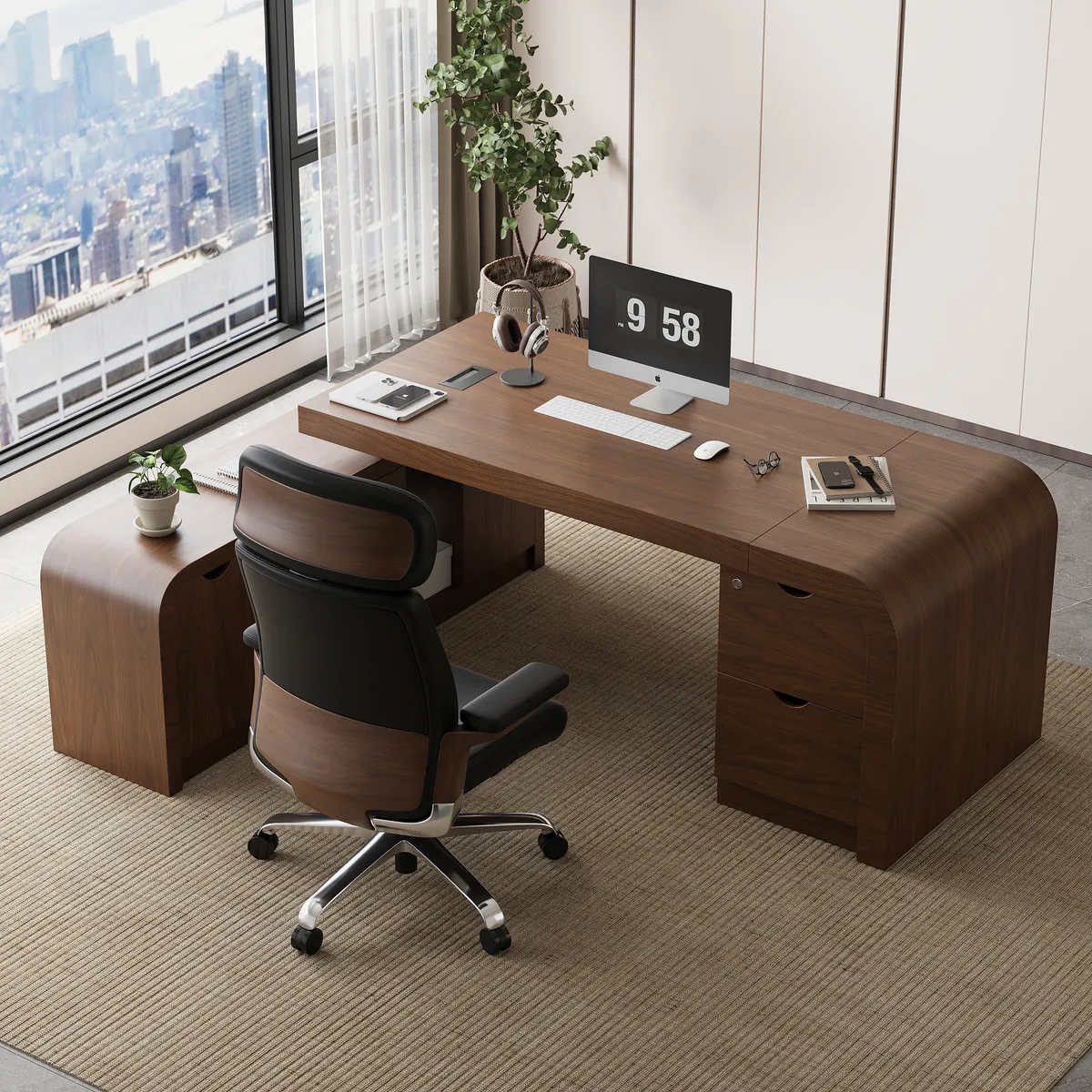 Black Genuine Leather Swivel Office Chair with Ergonomic Synchro-Tilt Recline System — image 4