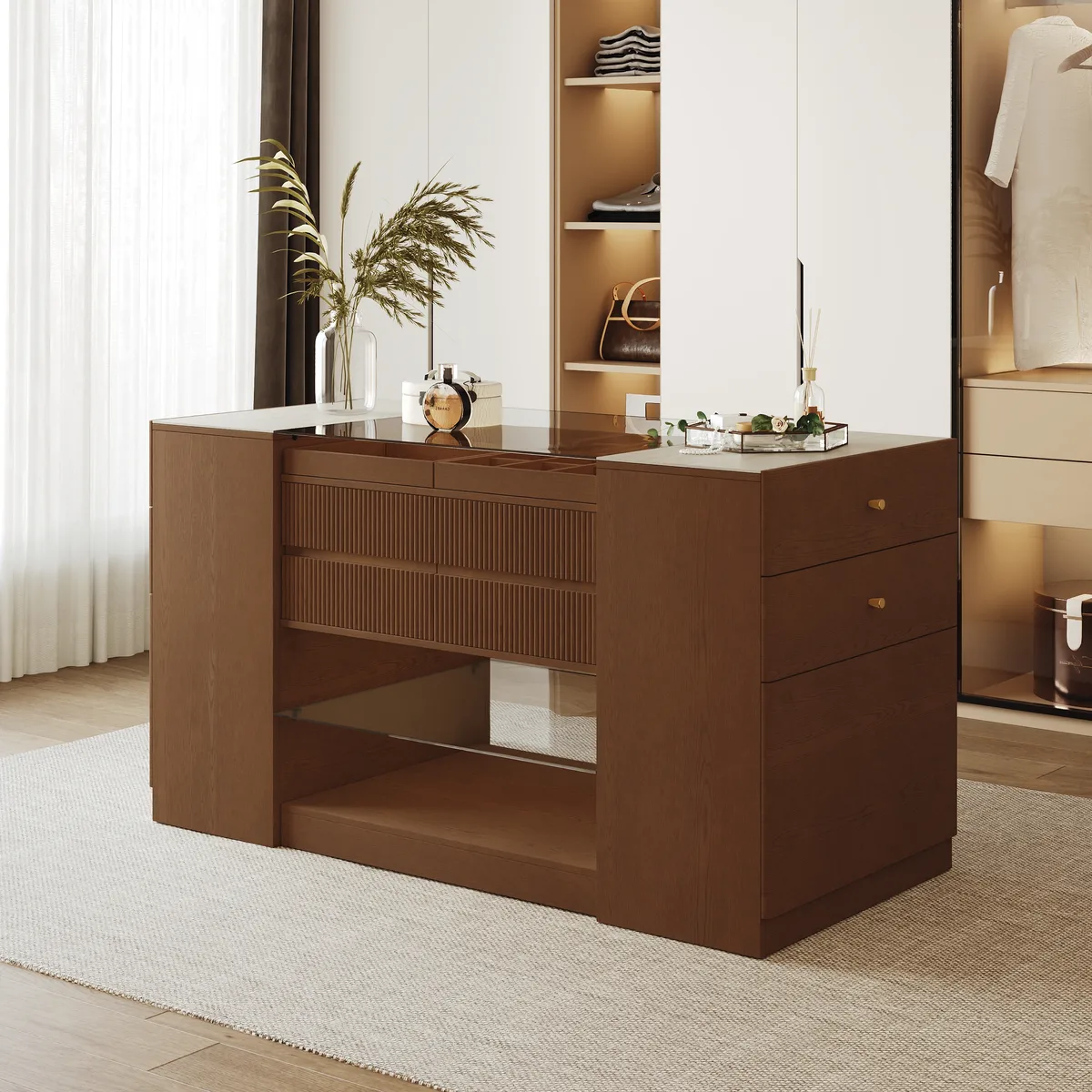 60" Glass Top Walnut Dresser Walk-in Closet Island with Jewelry Storage — image 2