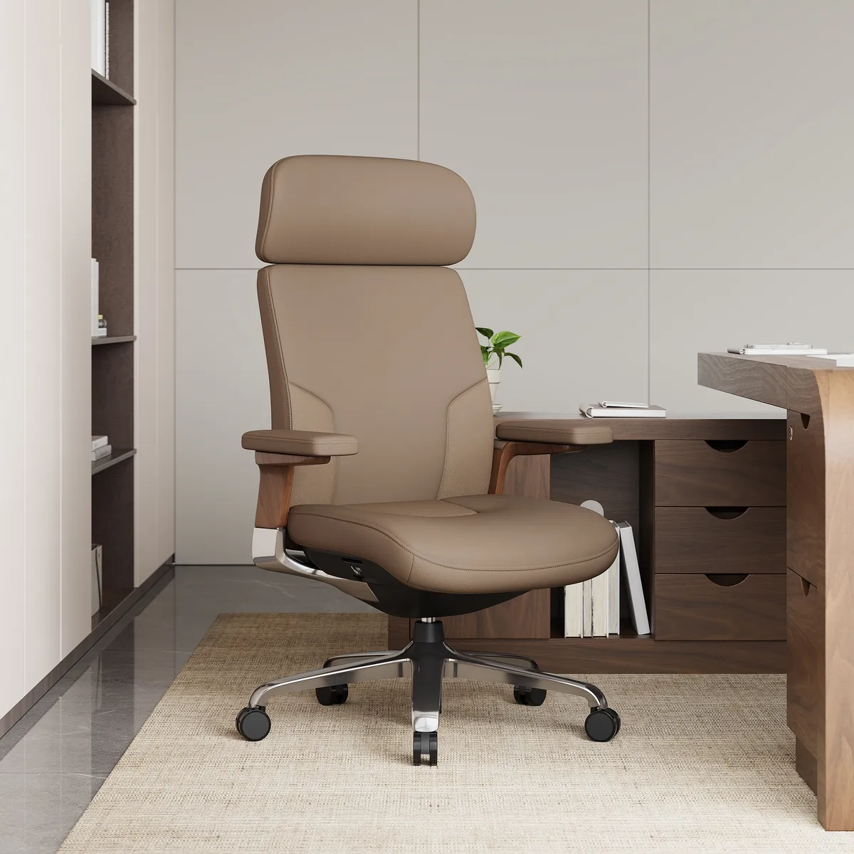 Black Genuine Leather Swivel Office Chair with Ergonomic Synchro-Tilt Recline System — image 21