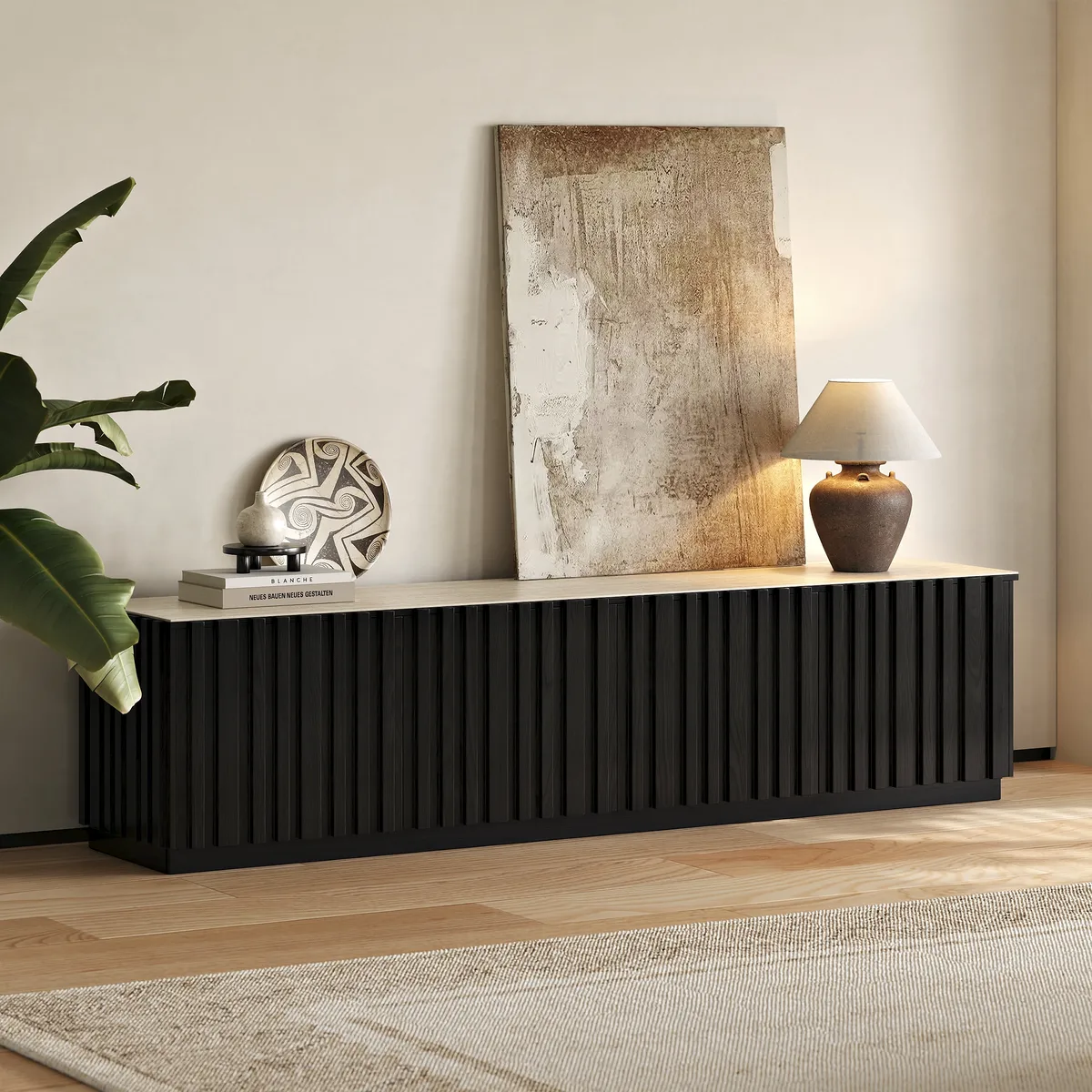 Aura 83" Ash Wood Fluted Smoked Brown TV Stand with Sintered Stone Top — image 14