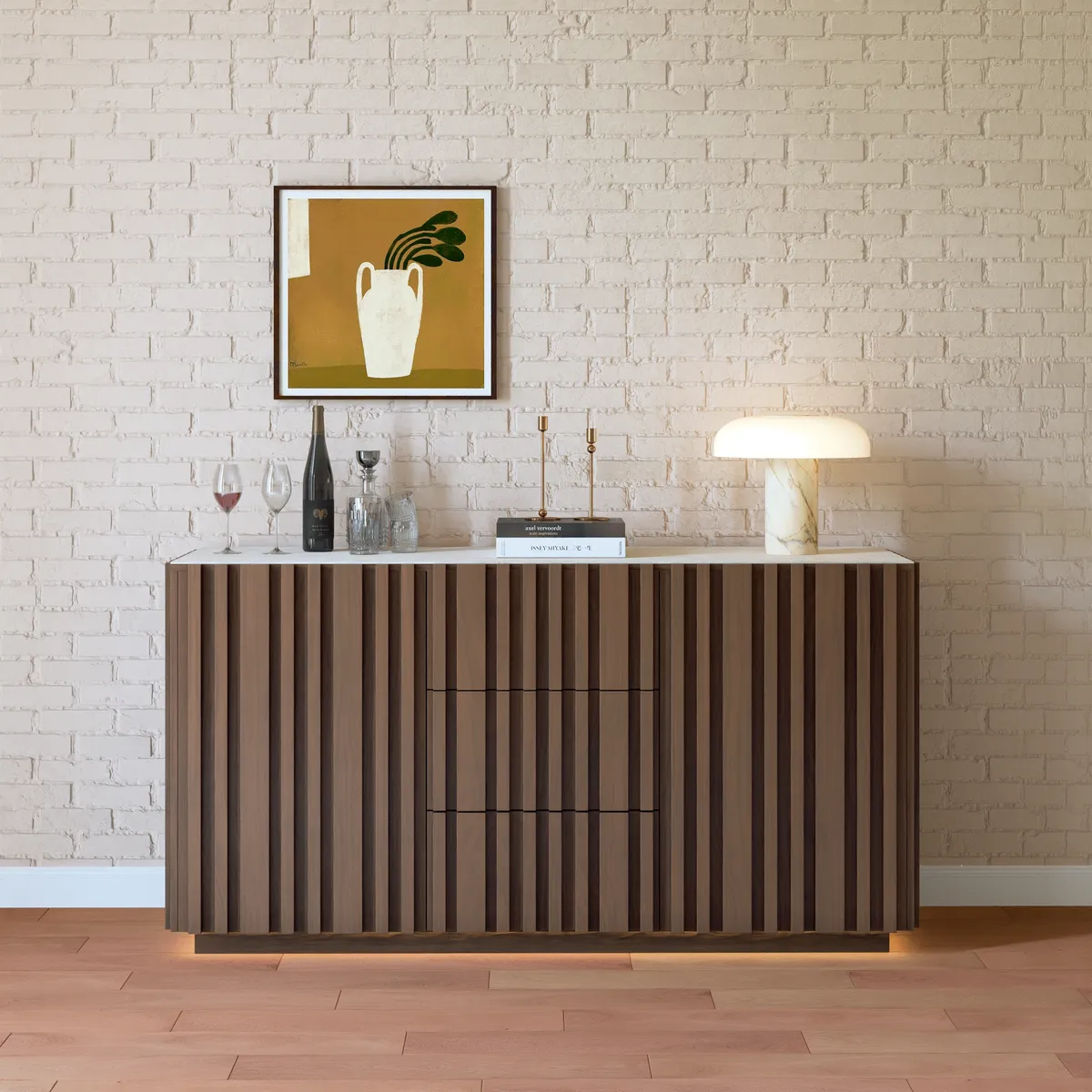 Aura 60" Faux Travertine Top Buffet Sideboard with Ash Wood Slatted Panels & Light — image 14