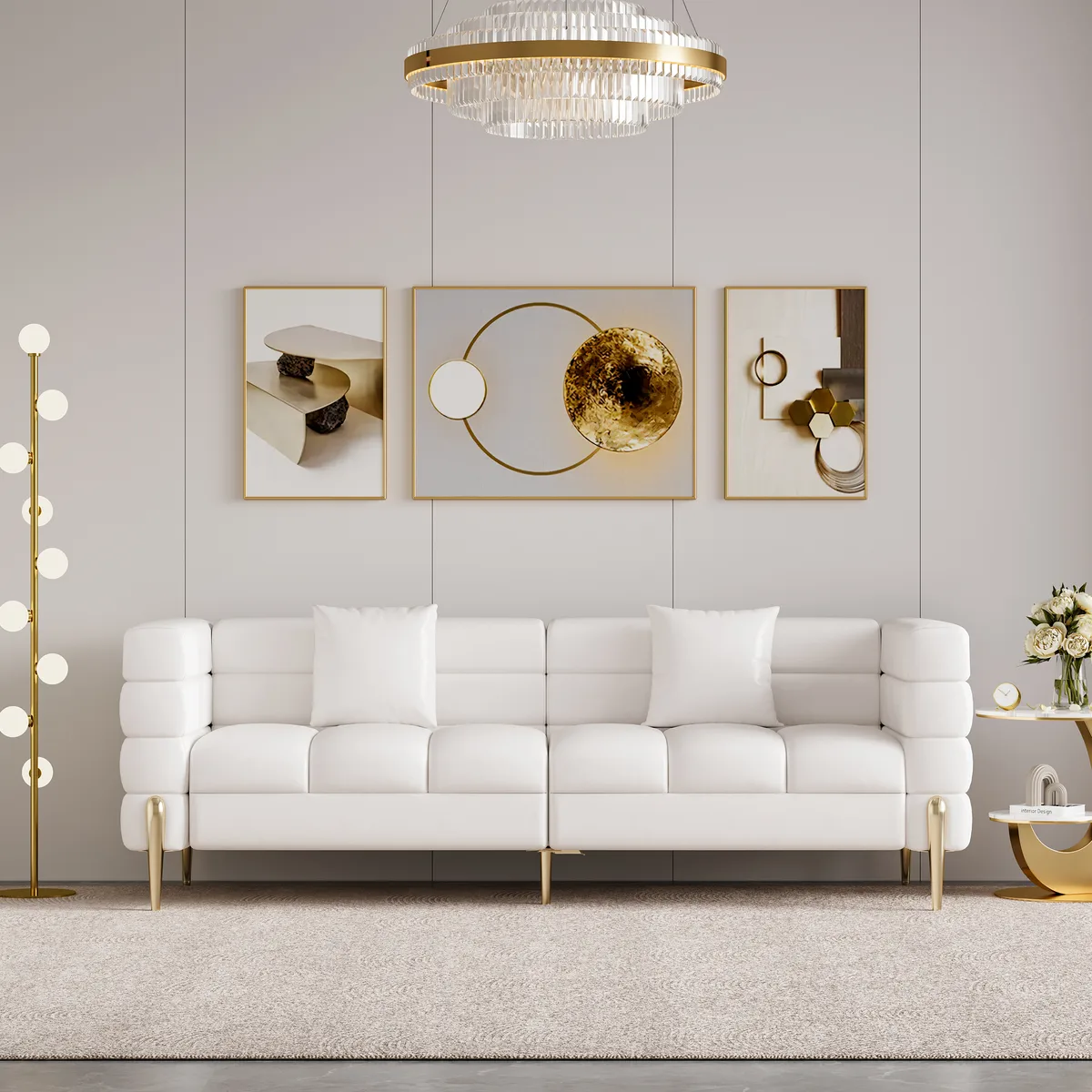 78.7" Modern White Boucle Upholstered Fluted 3-Seater Sofa for Living Room with Pillow White Boucle Accent Chair Modern Modular Armchair — image 24