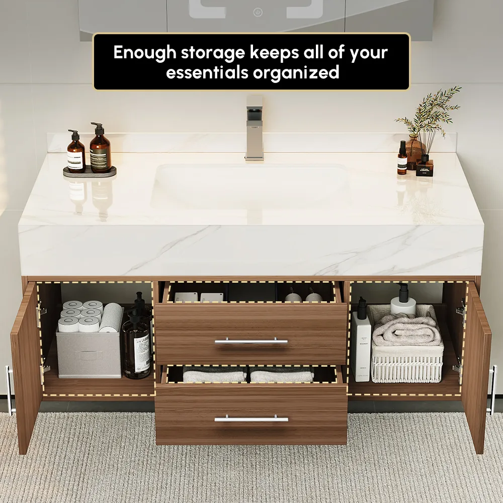 59" Double Sink Bathroom Vanity with Gold Handles – Walnut Modern Floating Vanity — image 15