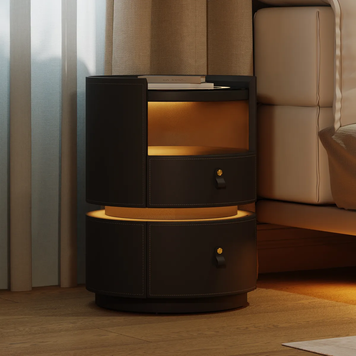 Modern Saddle Leather Smart LED Nightstand — image 4