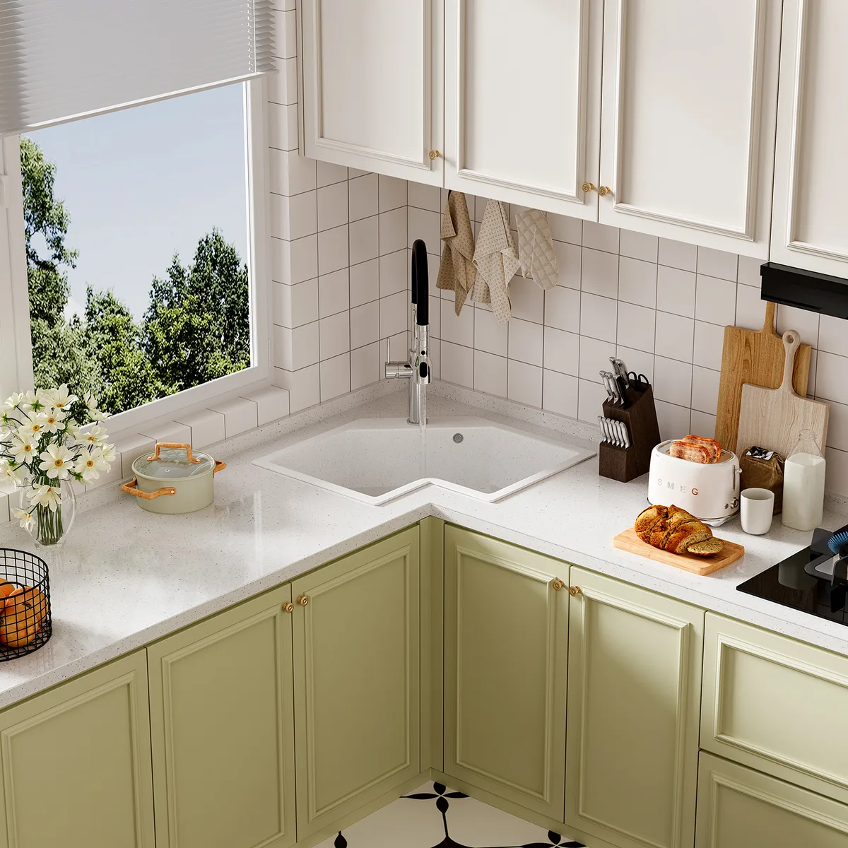 Drop In Corner Irregular Kitchen Sink White 25" Quartz — image 12