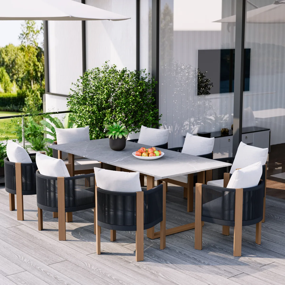 7 PCS 70.9" Faux Marble Outdoor Dining Table Set with Woven Rope Chairs in Gray for 6 Person Patio & Yard Large Marble Outdoor Dining Table with Chair — image 14