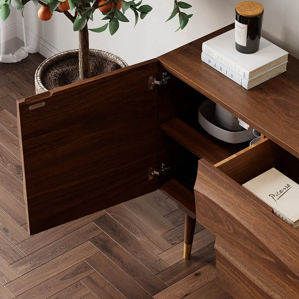 Lake 71" Walnut Sideboard Credenza with Storage Buffet Kitchen Cabinet Wavy Mid-Century — image 5